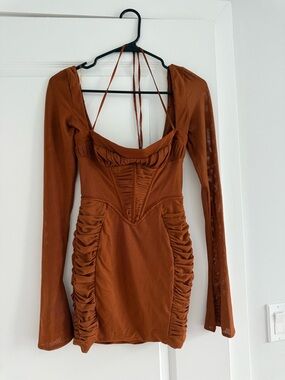 fitted lace wedding dress Rent Oh Polly Ginevra Velvet Long Sleeve Maxi Dress in Brown main image 1